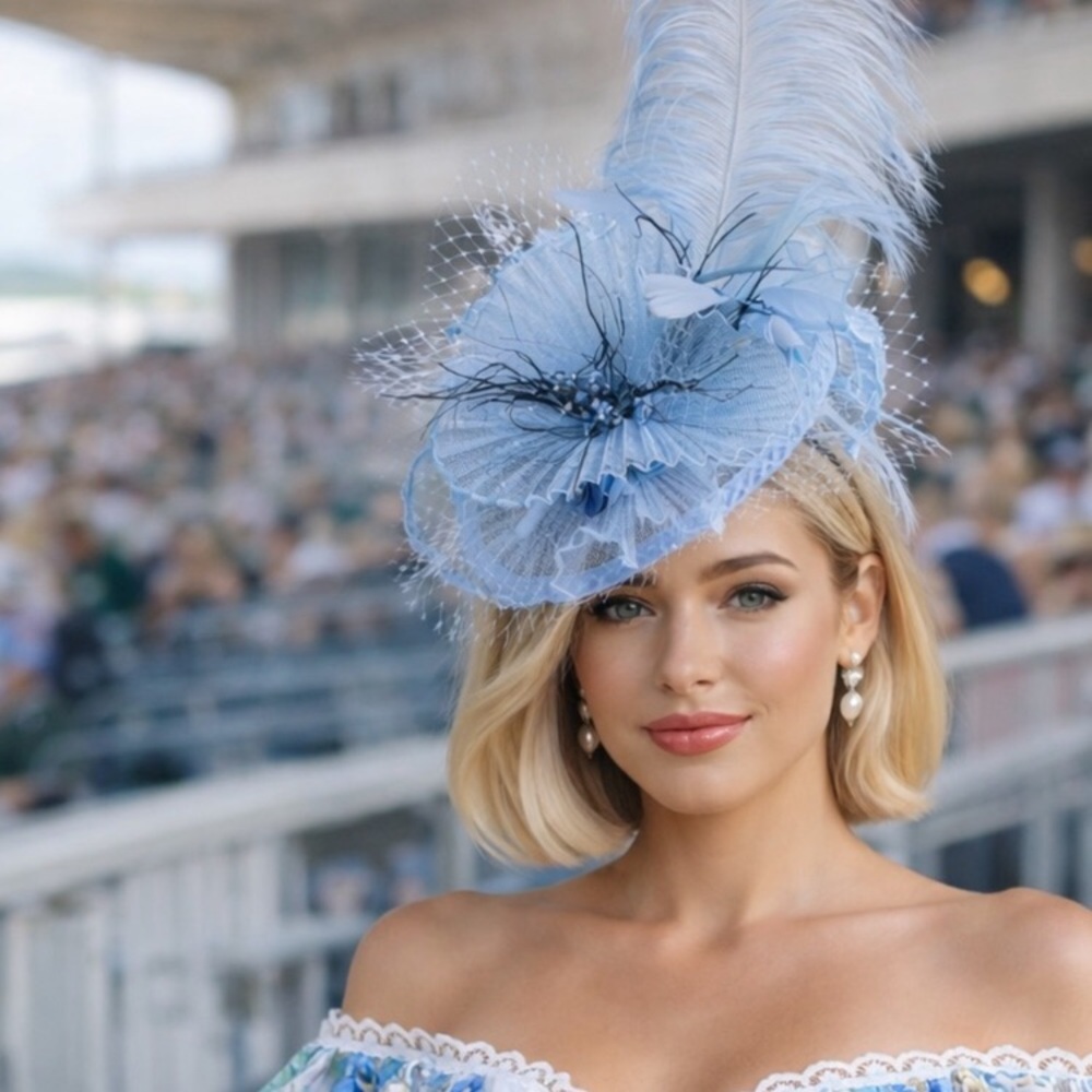 Kentucky Derby Hat Elegant Light Blue Fascinator Floral Feather Accent Tea Party